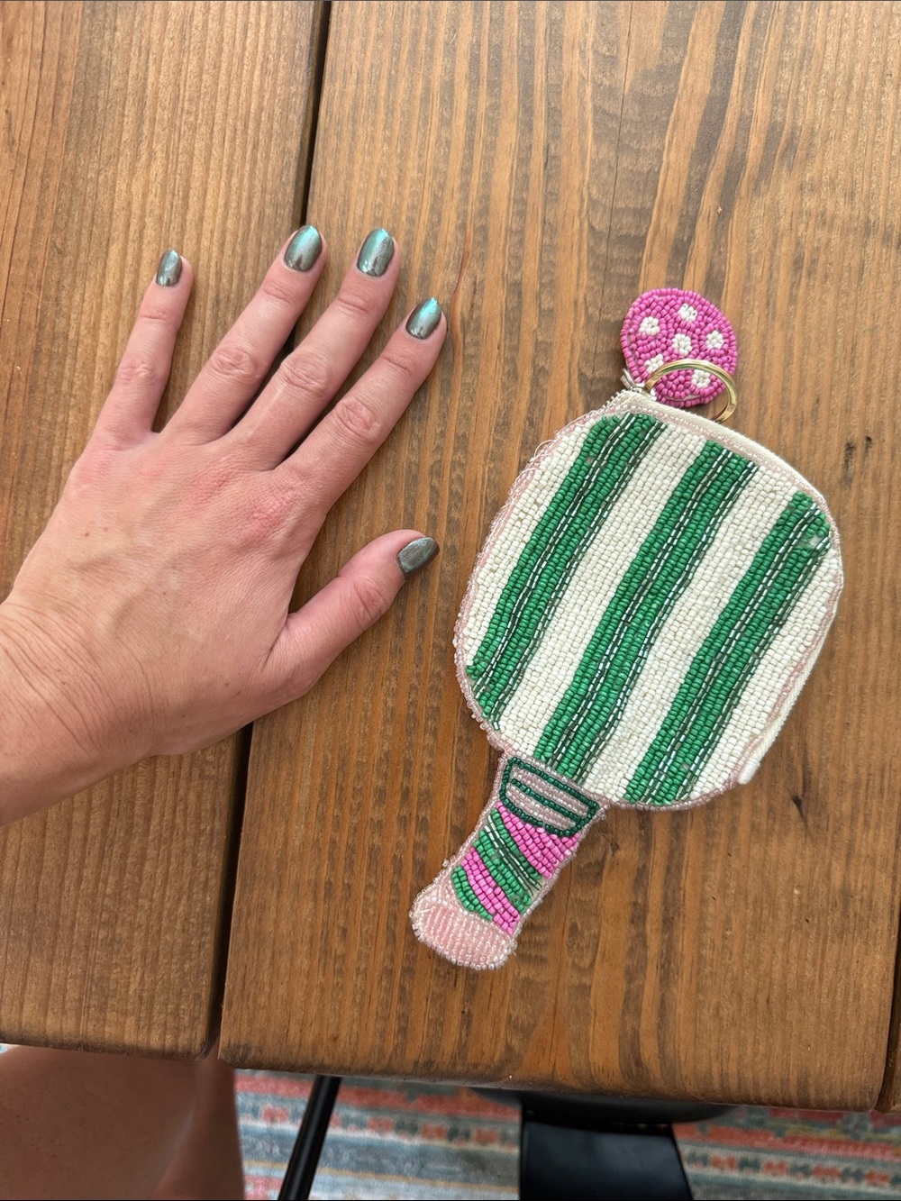 Beaded Green & White Striped tennis Paddle Purse